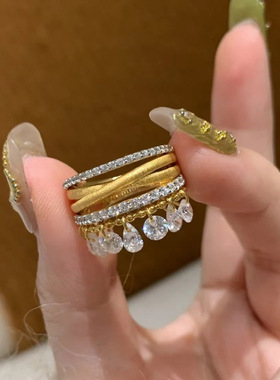 法式复古珠帘星幕三臂灵动戒指女