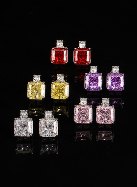 轻奢小众欧美时尚镶钻正方形粉钻冰花切高碳钻耳钉高级感紫色耳饰