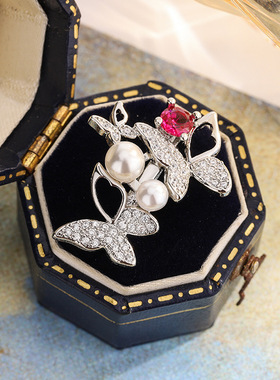 镶复古蝴蝶结质锆石珍珠仙戒指女