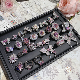 高端璀璨粉色爱心轻奢公主戒指女精工蝴蝶结阿斯切粉钻指环不掉色