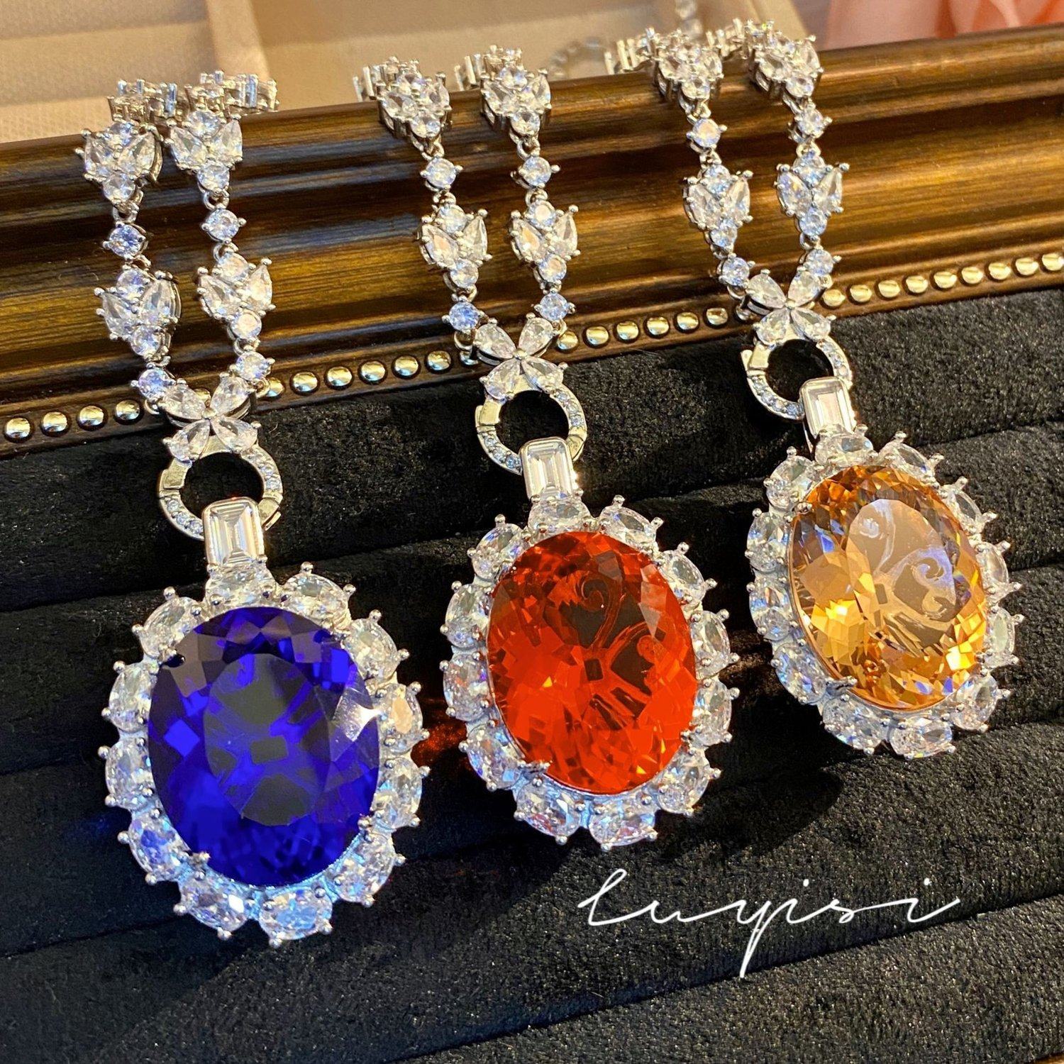 重工彩钻芬达吊坠高碳钻蓝宝石项链时尚百搭日落橙帕帕拉恰锁骨链