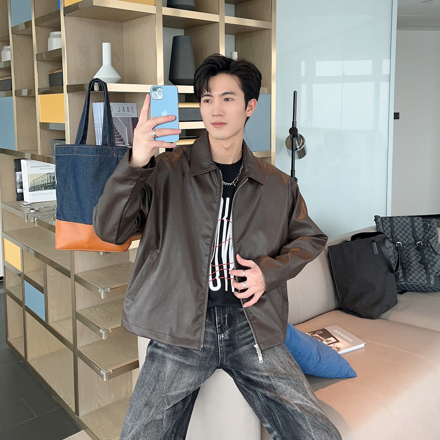 春秋韩版宽松短款痞帅pu皮衣外套男极简风高级感机车服皮夹克上衣