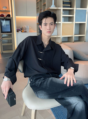 春秋冰丝凉感高级感新中式盘扣衬衫男长袖免烫垂坠感宽松痞帅衬衣