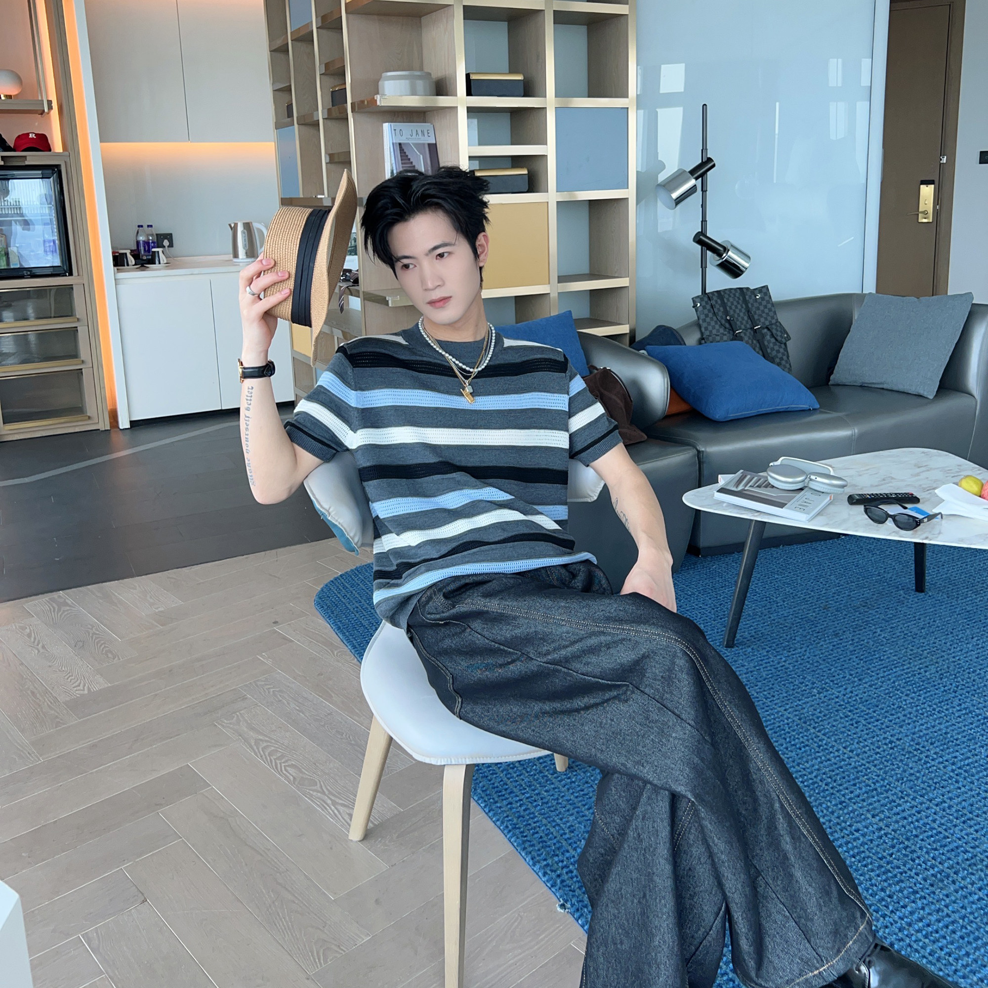夏日条纹控穿搭镂空设计感针织衫短袖T恤男款时尚含羊毛正肩上衣