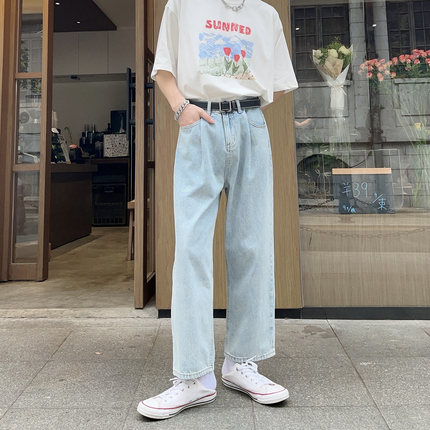 春夏水洗浅蓝色直筒牛仔裤男生韩版宽松百搭高腰阔腿显高九分裤子