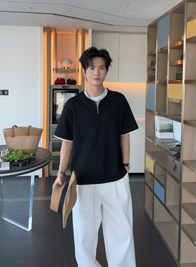 夏季提花肌理感假两件短袖T恤男宽松半拉链上衣黑色百搭潮牌体恤