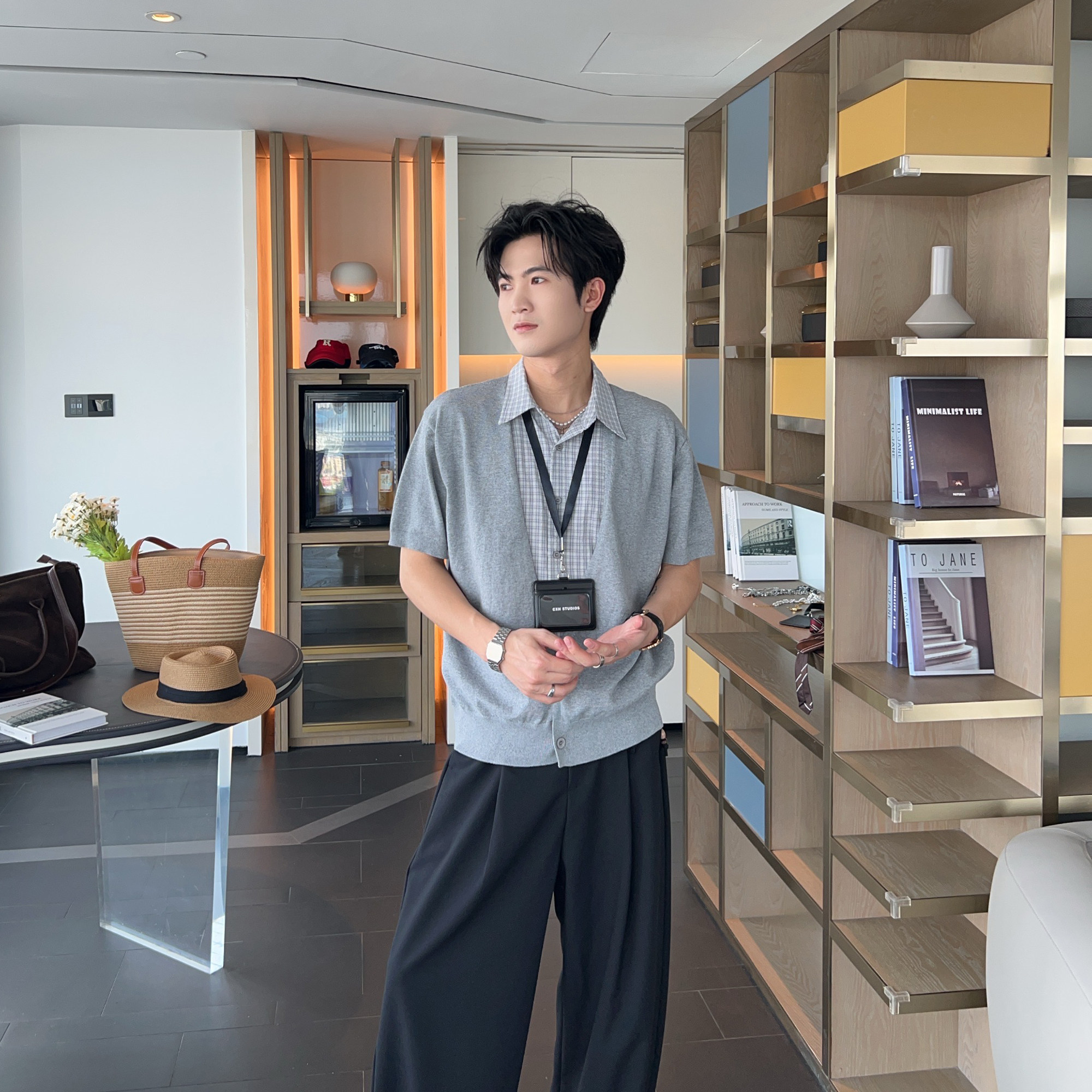 夏季老钱风假两件拼接衬衫领人夫感短袖针织开衫男款休闲韩版上衣