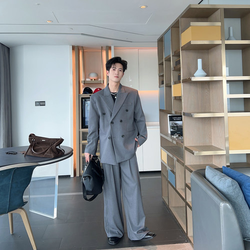春装痞帅高级灰色双排扣西装套装