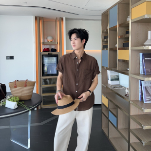 夏季轻薄凉感莱赛尔天丝纯色短袖衬衫男款纹理感休闲极简透视衬衣