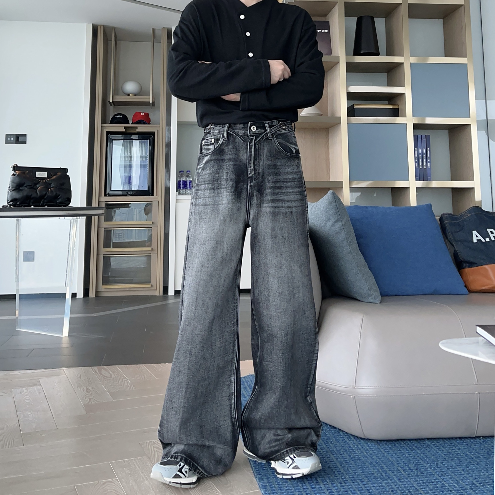 痞帅美式高街阔腿牛仔裤男加长款