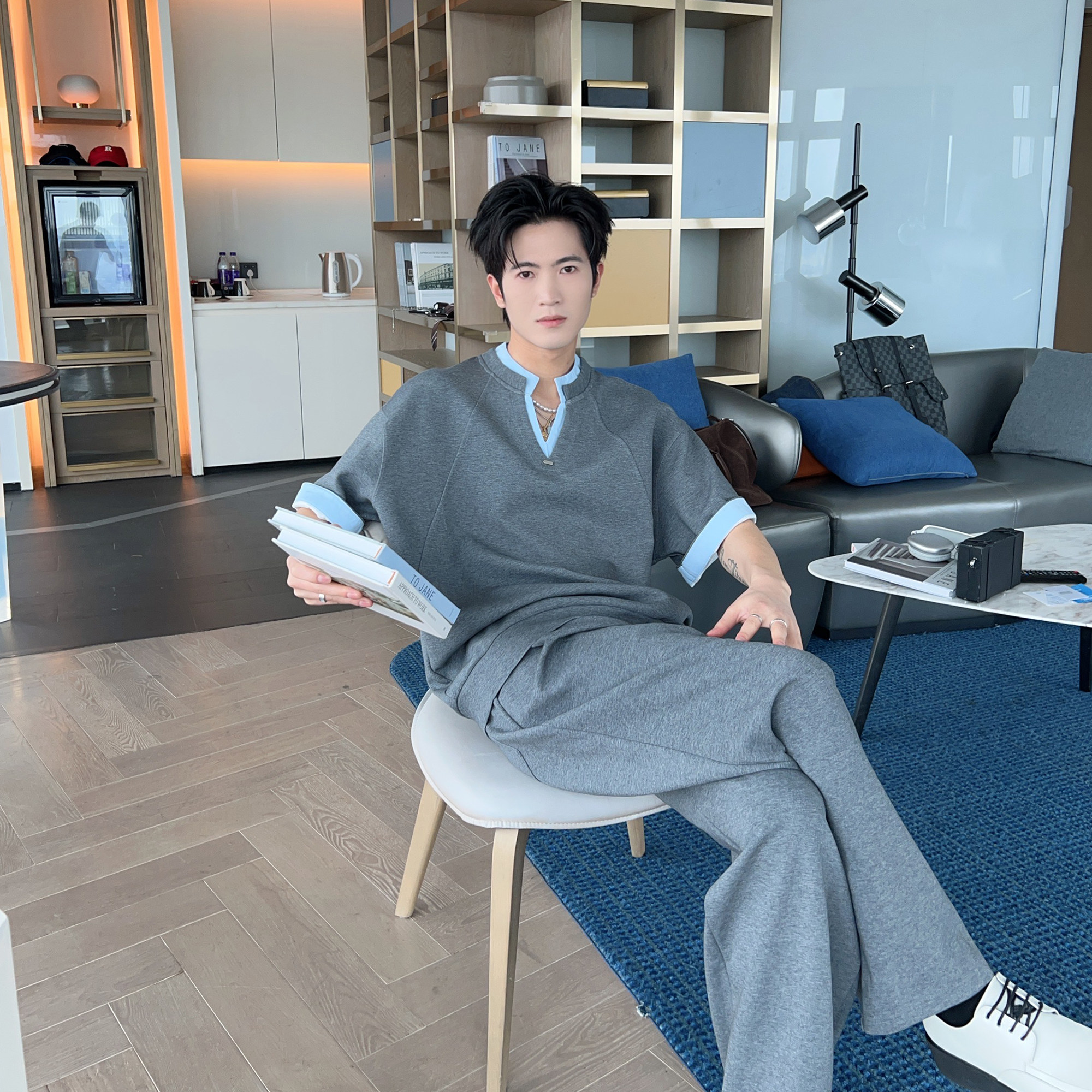 夏天男生ootd穿搭一整套短袖T恤假两件休闲套装男款ins两件套搭配
