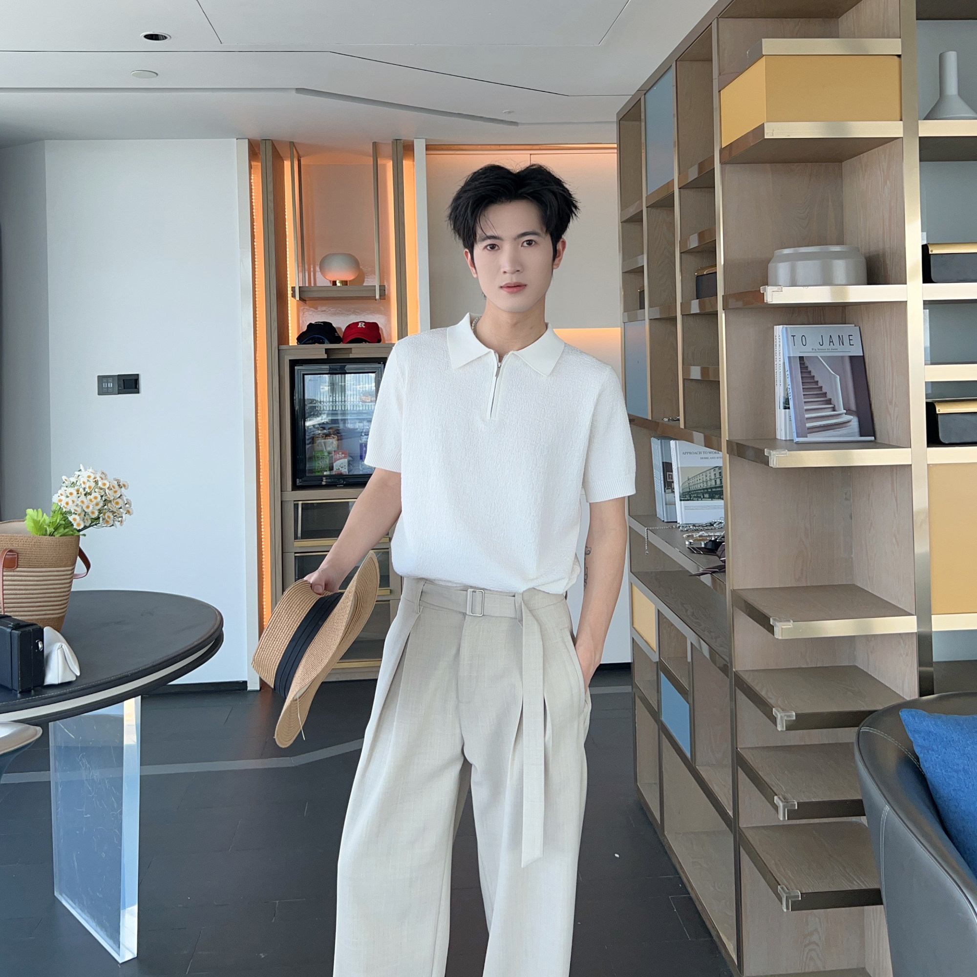 夏季半拉链翻领POLO衫男肌理感针织短袖T恤男款cleanfit宽松上衣