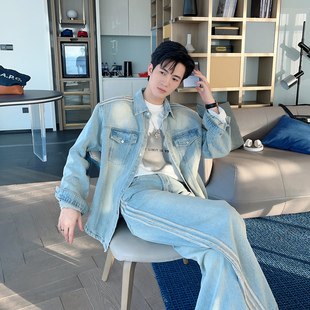 牛仔长裤 男廓形衬衫 两件套 复古三条杠设计感垫肩外套牛仔套装 美式