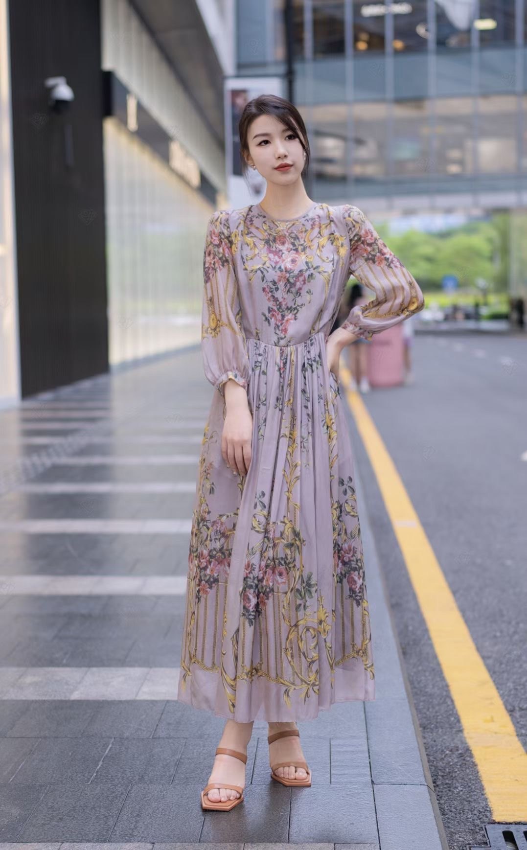 澳洲度假100%真丝连衣裙桑蚕丝短袖印花长款沙滩海边连衣裙