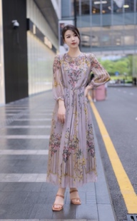 澳洲度假100%真丝连衣裙桑蚕丝短袖印花长款沙滩海边连衣裙