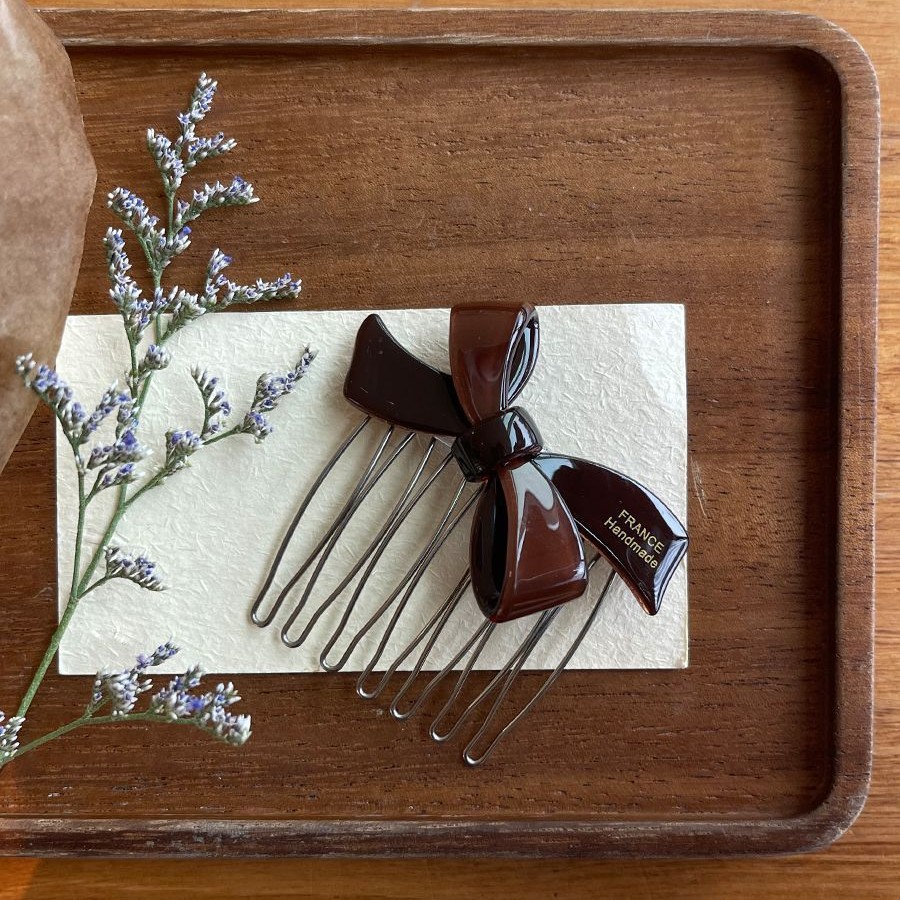 法式巧克力色蝴蝶结碎发梳韩国FRANCE金标倒插梳盘发侧边发插