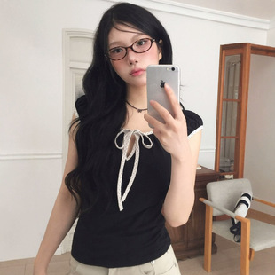 镂空显瘦短袖 韩系少女风蝴蝶结波点系带T恤女甜美撞色修身 上衣夏