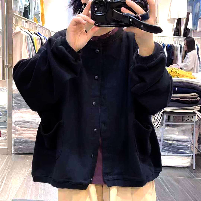 圆领短款外套女宽松开衫