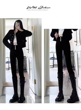 高腰黑色打底裤秋冬紧身弹力铅笔小黑裤 加绒加厚