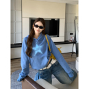 3MER哦哦三妹Jennie同款美式复古星星印花连帽卫衣女秋季蓝色上衣