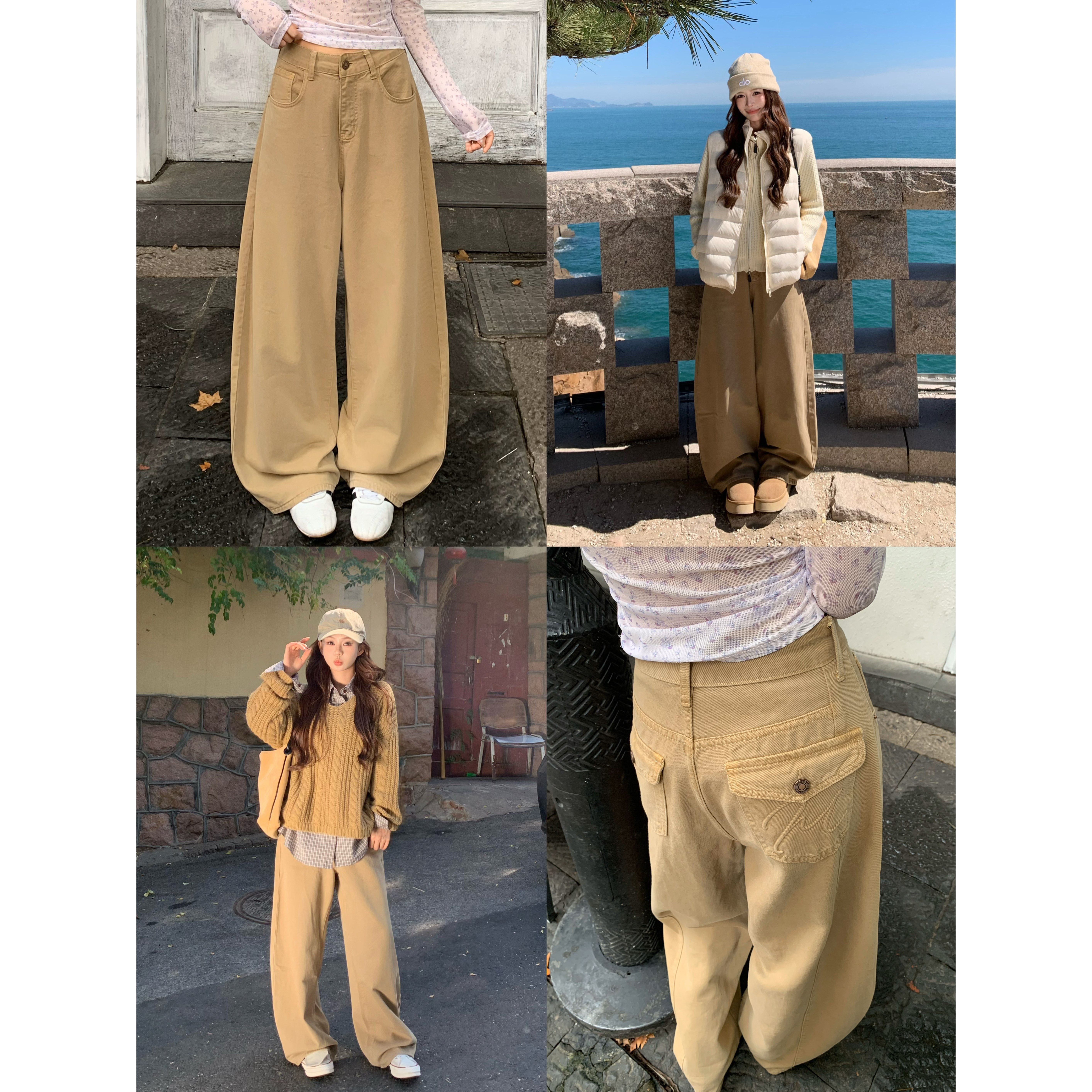 3MER哦哦三妹 复古卡其色弯刀牛仔裤女韩系宽松休闲拖地阔腿裤子