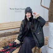 3MER哦哦三妹皮毛一体加厚机车夹棉外套女2024秋冬黑色拼接pu皮衣