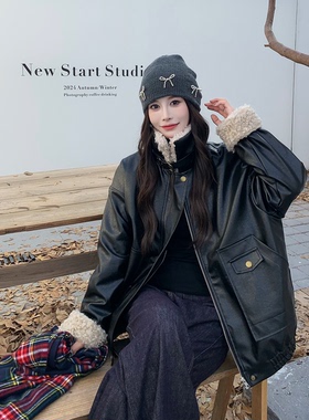3MER哦哦三妹皮毛一体加厚机车夹棉外套女2024秋冬黑色拼接pu皮衣