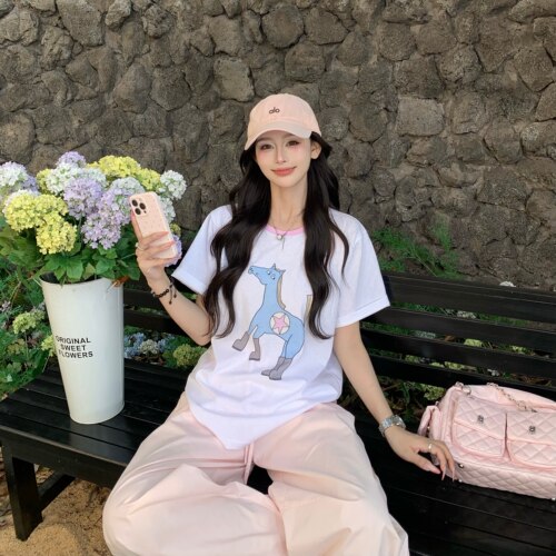 3MER韩女小马印花撞色短袖T