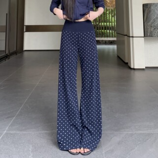 3MER哦哦三妹韩系显瘦藏蓝色波点微喇裤女夏季宽松垂感休闲长裤子