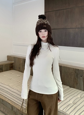 3MER哦哦三妹 白色半高领德绒打底衫女冬正肩内搭T恤紧身长袖上衣