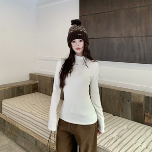 3MER哦哦三妹 白色半高领德绒打底衫女冬正肩内搭T恤紧身长袖上衣