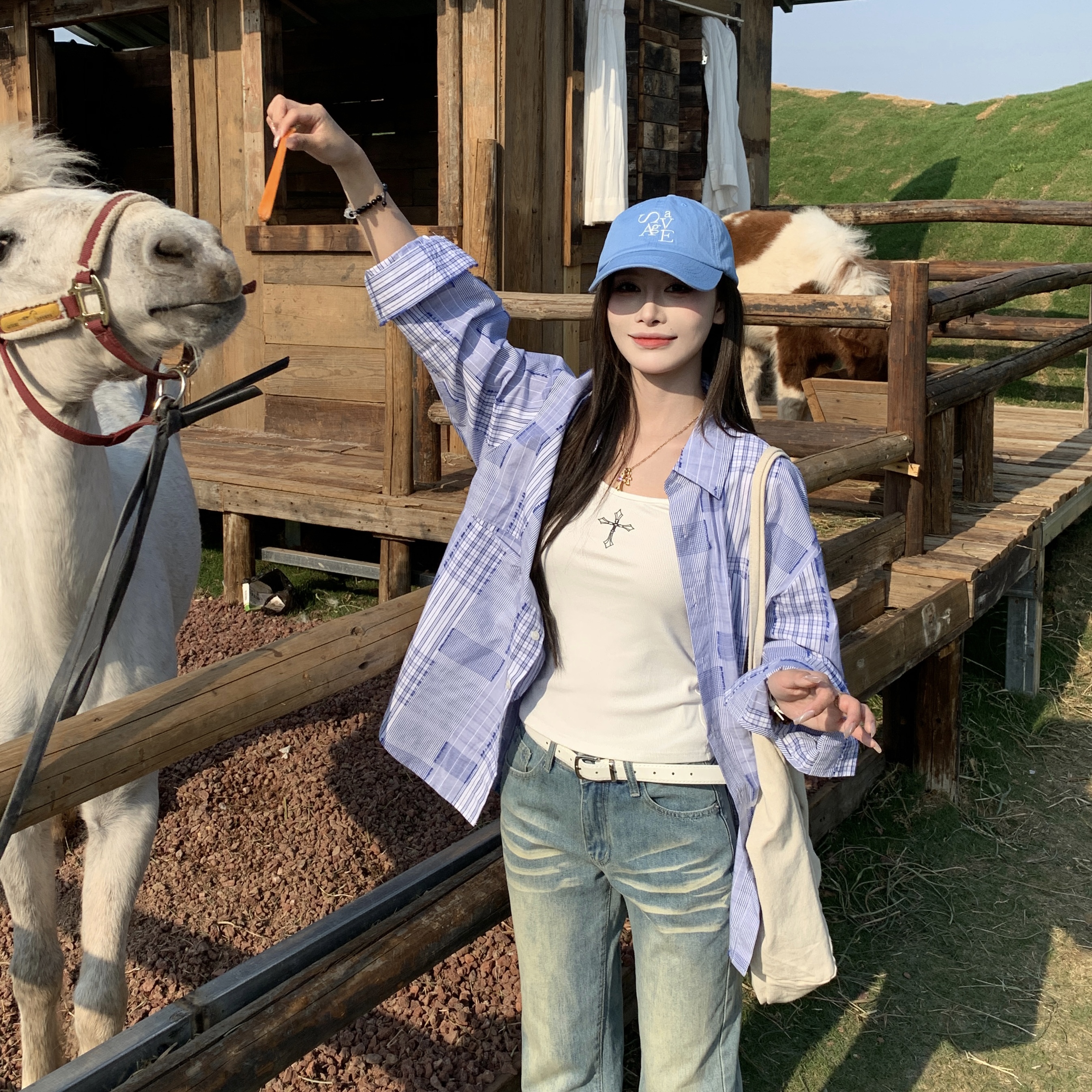 3MER长袖格子衬衫女防晒上衣