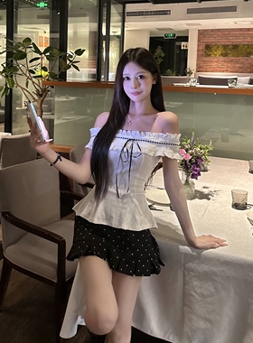 3MER哦哦三妹 法式甜美套装一字肩短袖T恤女夏季波点半身裙两件套