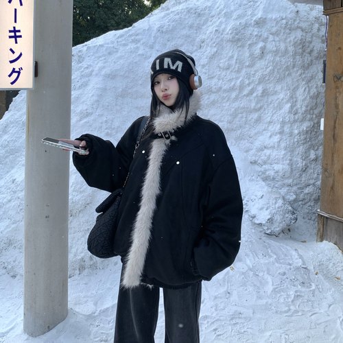 3MER麂皮拼接长毛座山雕棉服外套