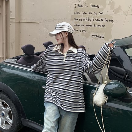 3MER哦哦三妹韩系慵懒条纹POLO领长袖T恤女秋季新款miu系百搭上衣