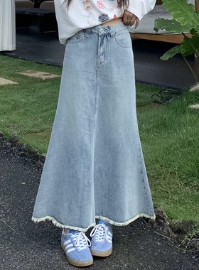 3MER哦哦三妹 浅蓝色复古中长款鱼尾裙女夏显瘦毛边牛仔a字半身裙