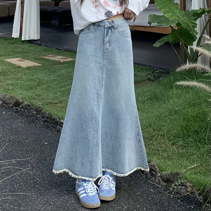 3MER哦哦三妹 浅蓝色复古中长款鱼尾裙女夏显瘦毛边牛仔a字半身裙