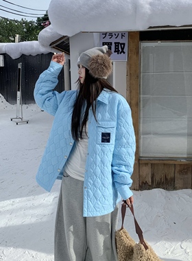 3MER哦哦三妹 蓝色衬衫棉服女秋冬新款韩系宽松叠穿轻薄夹棉外套