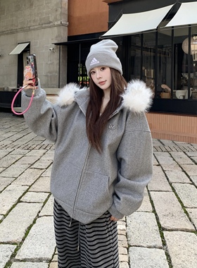 3MER哦哦三妹 连帽毛领呢子大衣加厚保暖秋冬新款拉链卫衣外套女