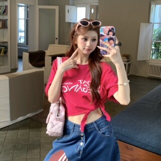 3MER哦哦三妹 玫红色字母长短款短袖T恤女夏季露腰甜酷辣妹风上衣