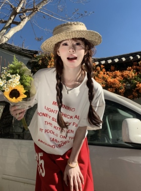 3MER哦哦三妹 美式圆领字母印花白色短袖T恤女春夏设计感宽松上衣