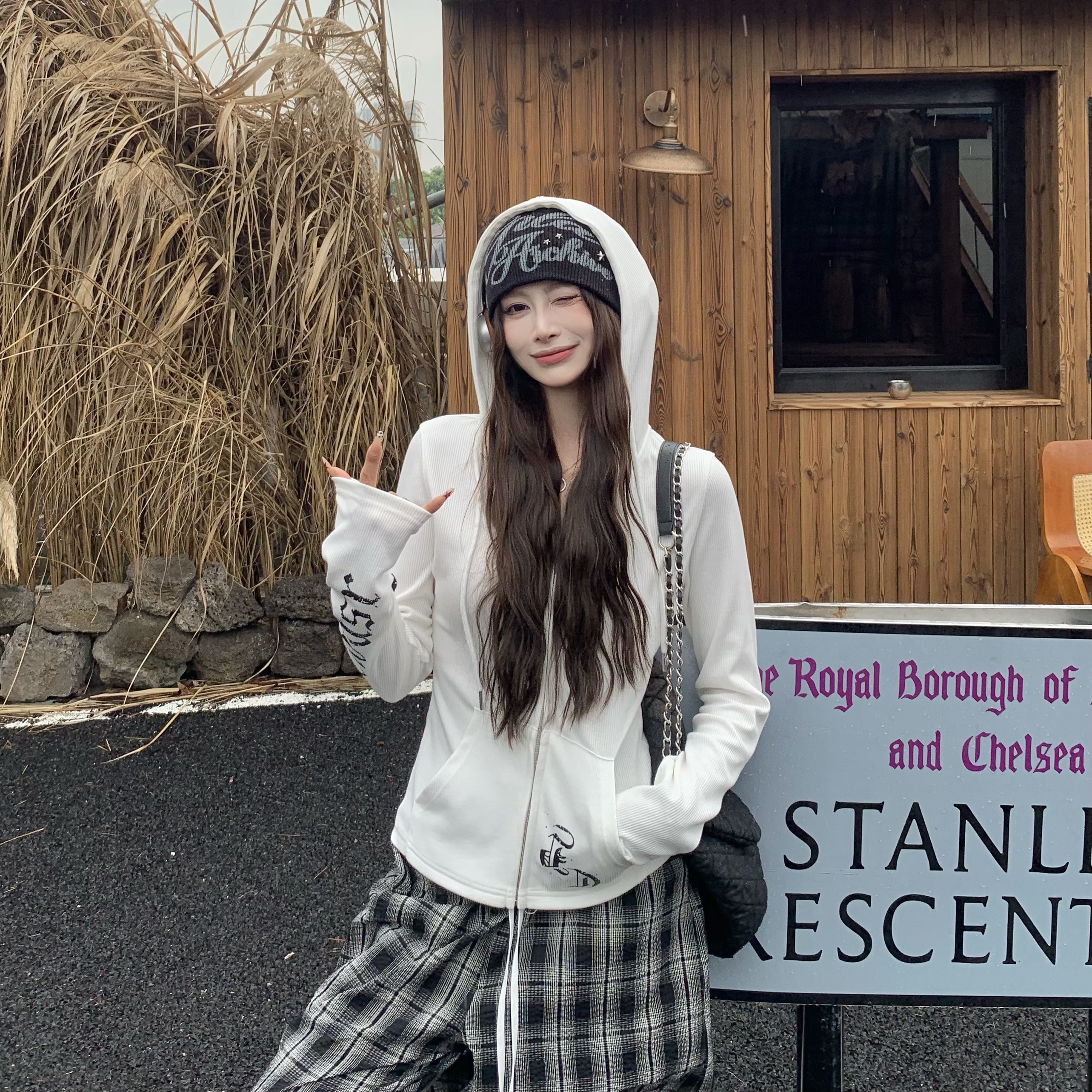 3MER美式哥特风修身连帽开衫上衣