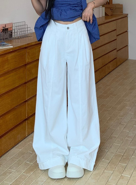 3MER哦哦三妹白色牛仔裤高腰休闲裤女夏季直筒简约宽松阔腿长裤子
