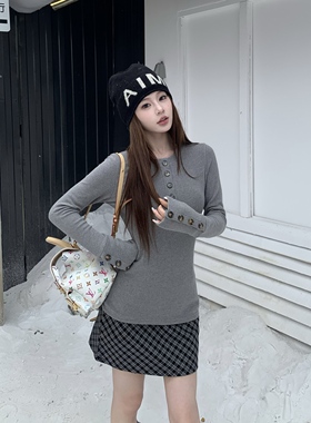 3MER哦哦三妹 灰色仿羊绒排扣内搭打底衫女秋冬季修身长袖T恤上衣