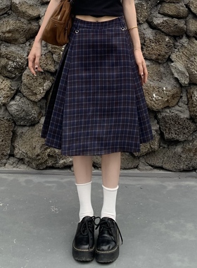 3MER哦哦三妹 韩系学院风格子中长款短裙女夏百褶半身裙a字伞裙子