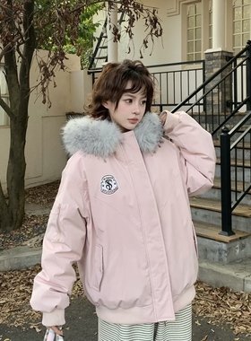 3MER哦哦三妹 90白鸭绒毛领连帽羽绒服女冬季韩系保暖工装派克服