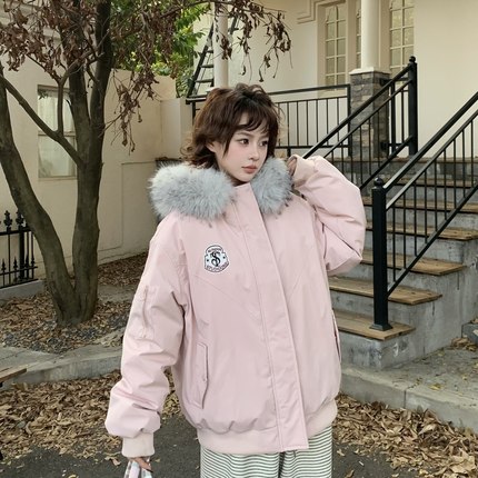 3MER哦哦三妹 90白鸭绒毛领连帽羽绒服女冬季韩系保暖工装派克服