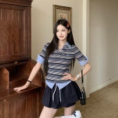 3MER哦哦三妹miu系条纹拼接撞色假两件POLO衫 T恤上衣女夏绑带裤 裙