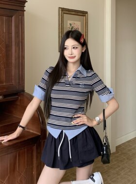 3MER韩女POLO条纹上衣+绑带裤裙