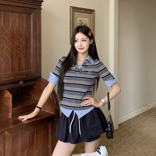 3MER韩女POLO条纹上衣+绑带裤裙